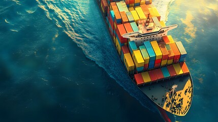 A cargo ship full of colorful containers sailing on the sea, seen from above, in the style of clip art style
