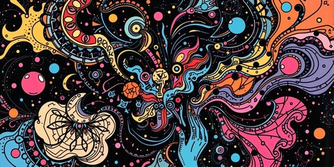 Naklejka premium Journey through an Enchanted Space: A Vibrant Exploration of Psychedelic Patterns