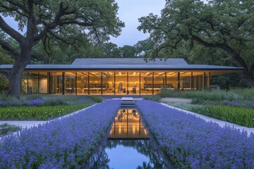 Modern Pavilion with Blooming Purple Flowers and Reflecting Pool at Dusk