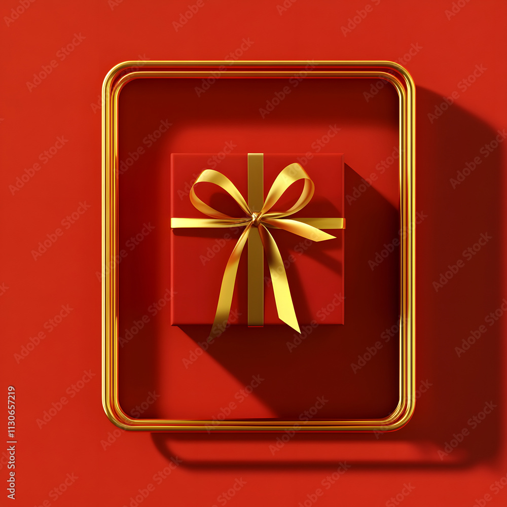 Poster 3d gold minimal gift box frame product display mockup showcase or red present frame border isolated 