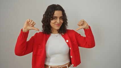Young hispanic woman with brunette hair points to herself with her thumbs while smiling, isolated...