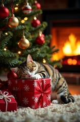 Vertical watercolor concept of cozy Christmas evening, sleeping ginger cat on pyramid of New Year gifts near decorated Christmas tree on blurred background of burning fireplace with firewood