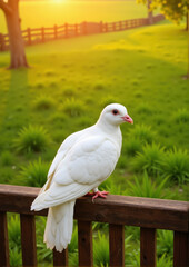 Obraz premium White dove perched on wooden fence in serene sunset meadow