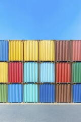 Fototapeta premium Colorful cargo containers stacked at bustling port showcasing shipping updates