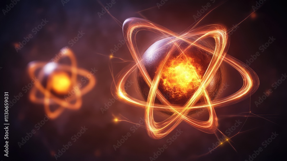 Poster dynamic representation of atom with energy radiation in dark background