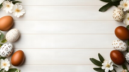 A creative flat-lay of Easter decorations, including eggs, flowers, and spring-inspired patterns on a wooden background