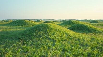 Fototapeta premium Serene landscape featuring lush rolling hills adorned with vibrant spring greenery