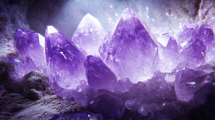 Obraz premium Giant Amethyst Crystals in a Fantasy Cave Interior. AI generated illustration