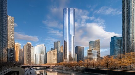 Fototapeta premium Modern glass skyscrapers pierce the azure heavens, their facades reflecting the brilliant sunlight. The city center pulses with activity