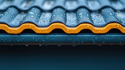 Close-up of rain-covered dark-blue and orange roof tiles.