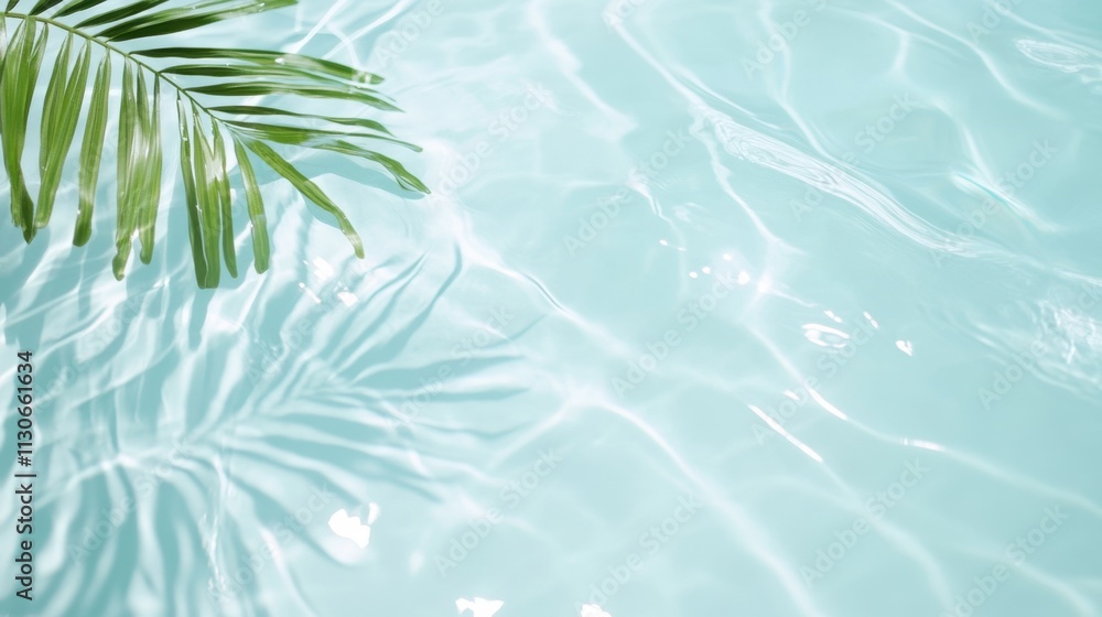 Poster tranquil summer scene with palm leaf shadow on rippling turquoise water pool surface copy space for 
