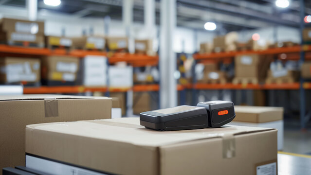 barcode scanner rests on stack of cardboard boxes in busy warehouse
