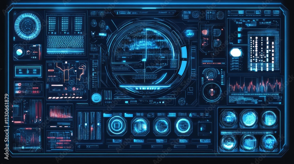 Poster futuristic digital interface with data visualization and controls
