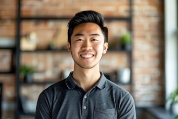Obraz premium Portrait of a smiling asian man in his 20s donning a classy polo shirt over empty modern loft background