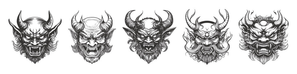 Naklejka premium Set of Black japanese demon Oni head vector illustration devil tattoo evil mask Vintage retro engraving woodcut style sketch draw paint isolated on white