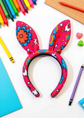 Fototapeta premium Colorful patterned bunny ears headband with crafting supplies