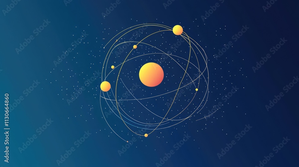Poster cosmic atom model with planets and orbiting paths in space