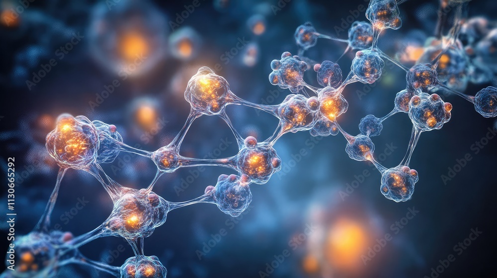 Poster abstract representation of molecular structure with glowing atoms