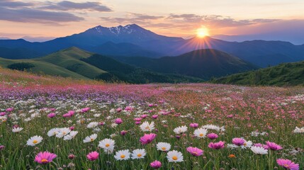 Fototapeta premium Vibrant Wildflower Meadow at Sunset