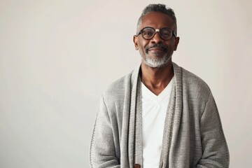 Obraz premium Portrait of a tender man in his 40s wearing a chic cardigan isolated in plain white digital canvas