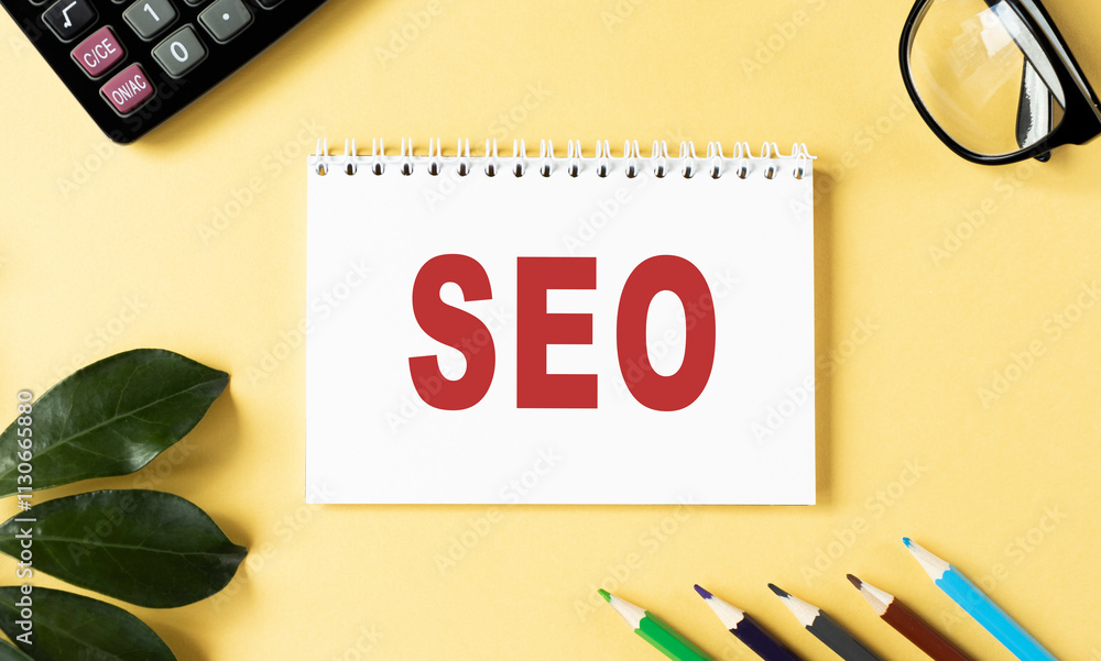 Poster notebook with tolls and notes about seo