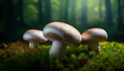 Fototapeta premium A group of three white mushrooms growing in a patch of moss on the forest floor.