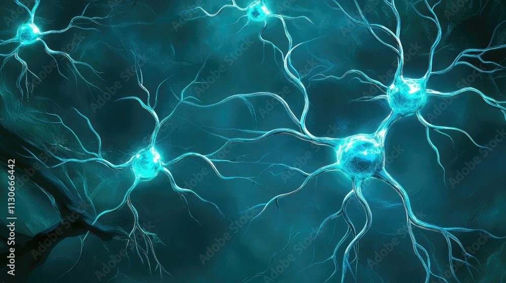 Poster glowing neurons interconnected with luminous axons and dendrites