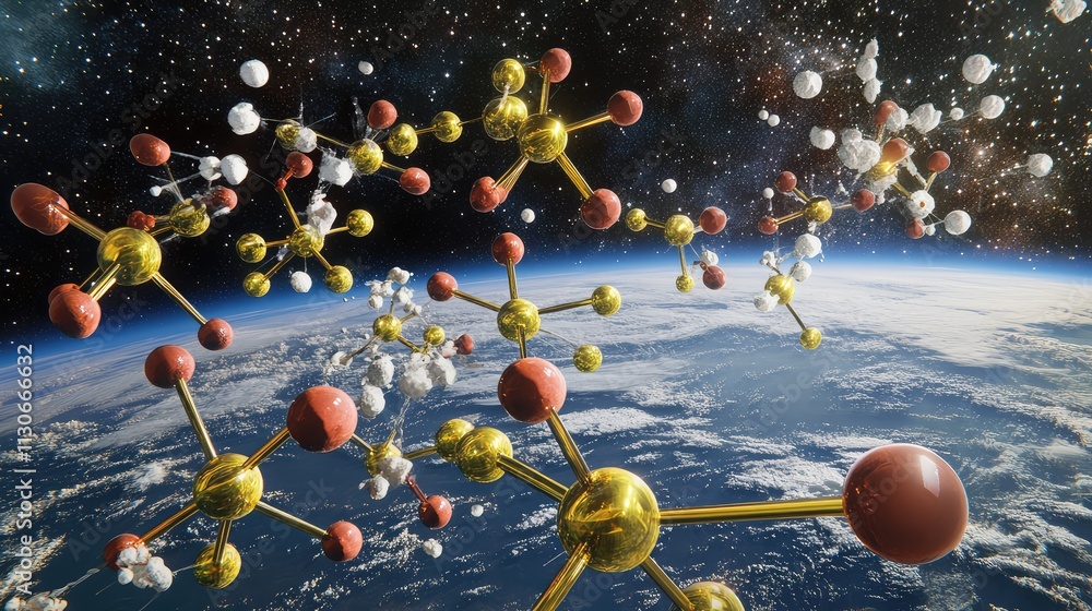 Poster stunning molecular structures floating above earth in outer space