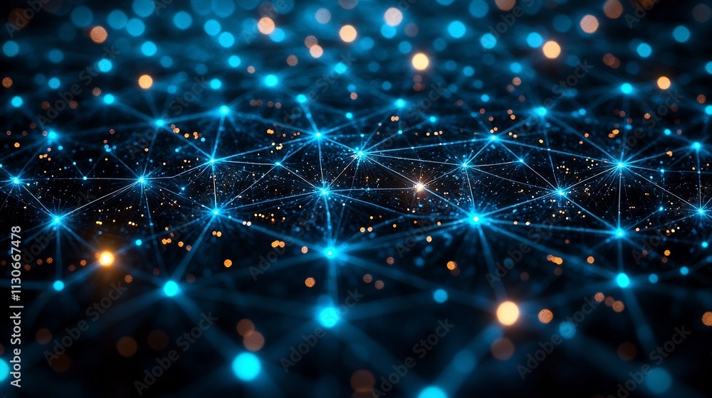 Poster a futuristic digital platform displaying professional network with highlighted connections and glowi