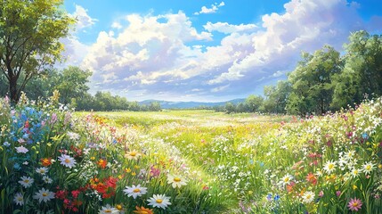Obraz premium Vibrant colorful flower field landscape with trees and blue sky