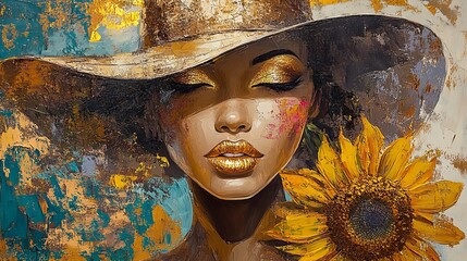 Stunning canvas art masterpiece showcasing a captivating golden-lipped woman adorned with an elegant hat and vibrant sunflower. The abstract interior and intricate details create a captivating scene
