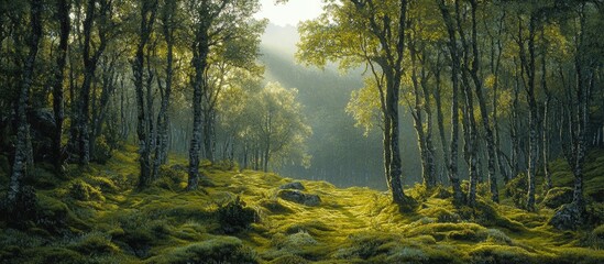 Obraz premium Sunlit mossy forest path.