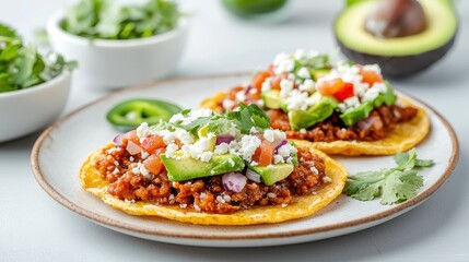 Colorful Tostadas with Fresh Avocado, Tomato, and Cilantro Garnish on a Plate