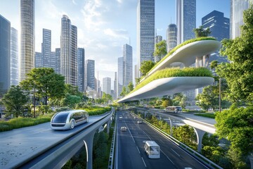 Obraz premium Futuristic urban revolution a city without plastic eco-friendly transport and architecture green environment skyline perspective sustainable living concept