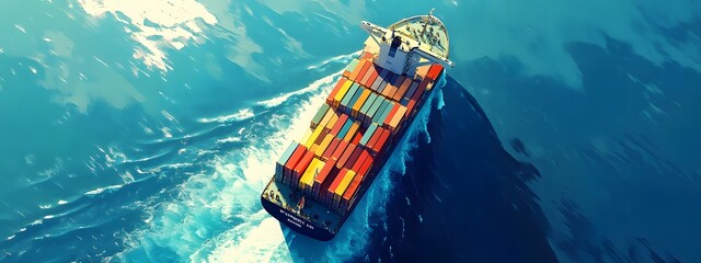A cargo ship full of colorful containers sailing on the sea, seen from above, in the style of clip art style