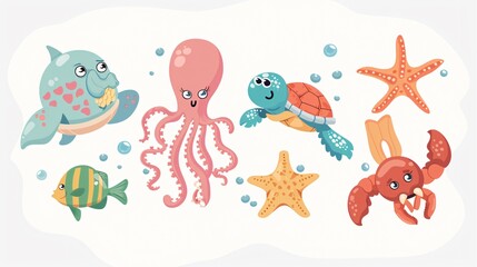 Vibrant Underwater Wildlife - Octopus, Jellyfish, Turtle, Starfish