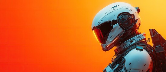 Fototapeta premium Futuristic astronaut in profile against an orange backdrop.