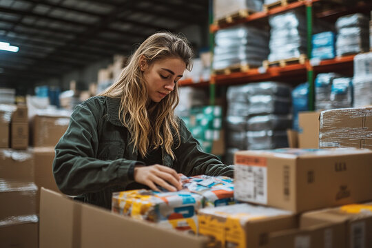 A female worker in a large warehouse looks through boxes of goods. Warehouse management system, supply chain and logistics network concepts