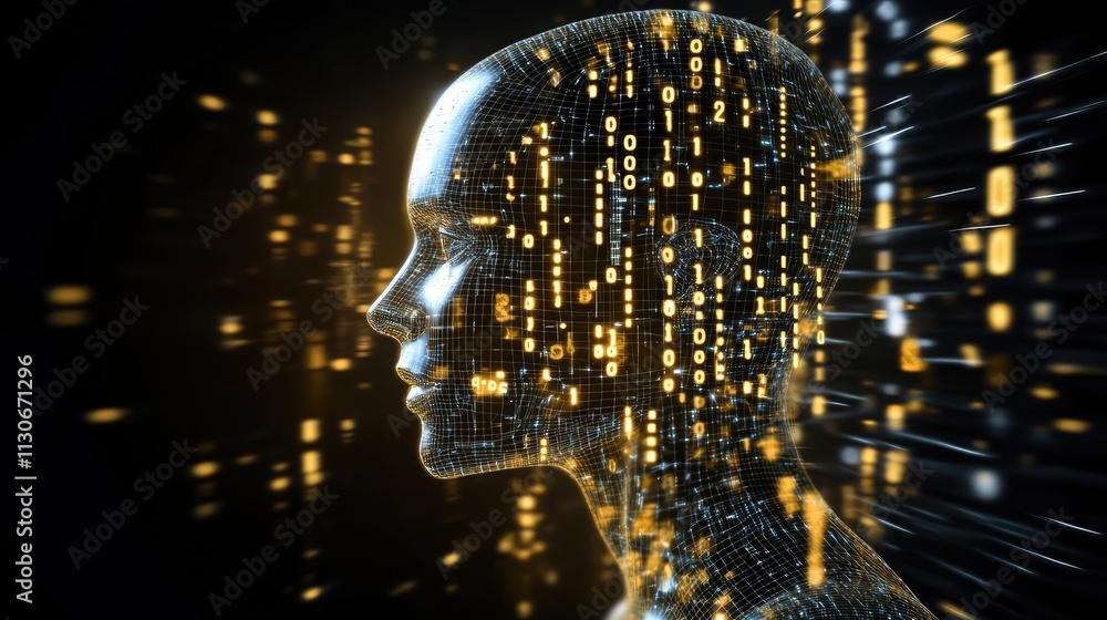 Poster futuristic digital human head with binary code flowing effect