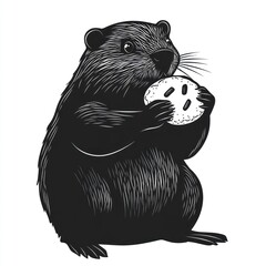 Fototapeta premium A woodchuck sitting and eating a round cookie.