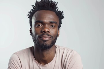 Obraz premium Portrait of a satisfied afro-american man in his 20s dressed in a casual t-shirt in front of plain white digital canvas