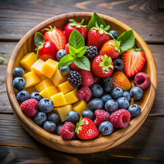 Obraz premium A colorful bowl of fresh fruit. including berries. mango. and strawberries.