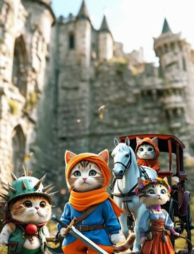 お城の前で集結する猫の戦士の一団