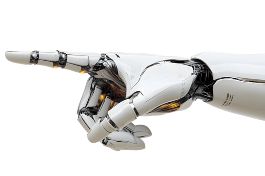 White cyborg robotic hand pointing his finger - 3D rendering isolated on free PNG background.