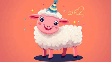 Naklejka premium Pink cute cartoon sheep smile wearing party hat Design creative concept of islamic celebration eid adha or happy birthday