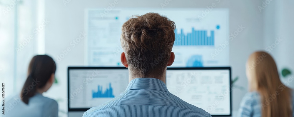 Poster startup growth competition leadership concept. team analyzing data on computers in a modern office e