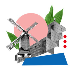 Contemporary art collage. Classic windmill intertwined with futuristic modular glass buildings,...