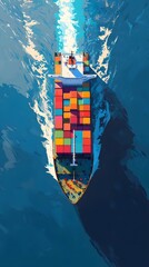 A cargo ship full of colorful containers sailing on the sea, seen from above, in the style of clip art style