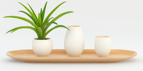 Fototapeta premium Minimalist Home Decor: A serene arrangement of a potted plant, a vase and a cup on a wooden tray, creating a harmonious and peaceful atmosphere. This image embodies simplicity, elegance.