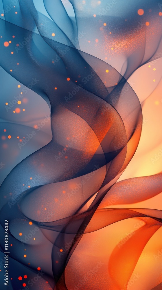Poster abstract waves of blue and orange blend with soft curves and glowing particles.